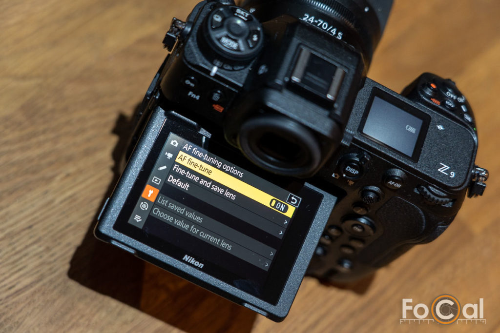 Top view of Nikon Z9 showing the screen flipped and the AF Fine-Tune menu entry shown.