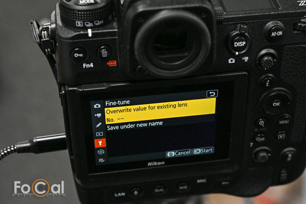The AF Fine-tune overwrite confirmation message on the Nikon Z9