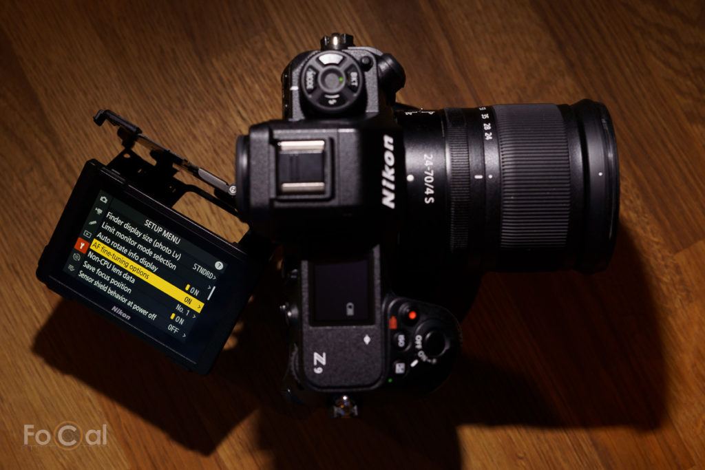 Top view of the Nikon Z9 showing tilting screen and the AF Fine-tune menu