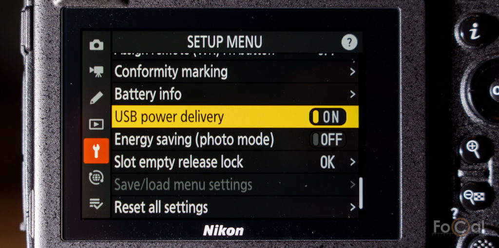A screenshot of the USB power delivery menu option on the Nikon Z9