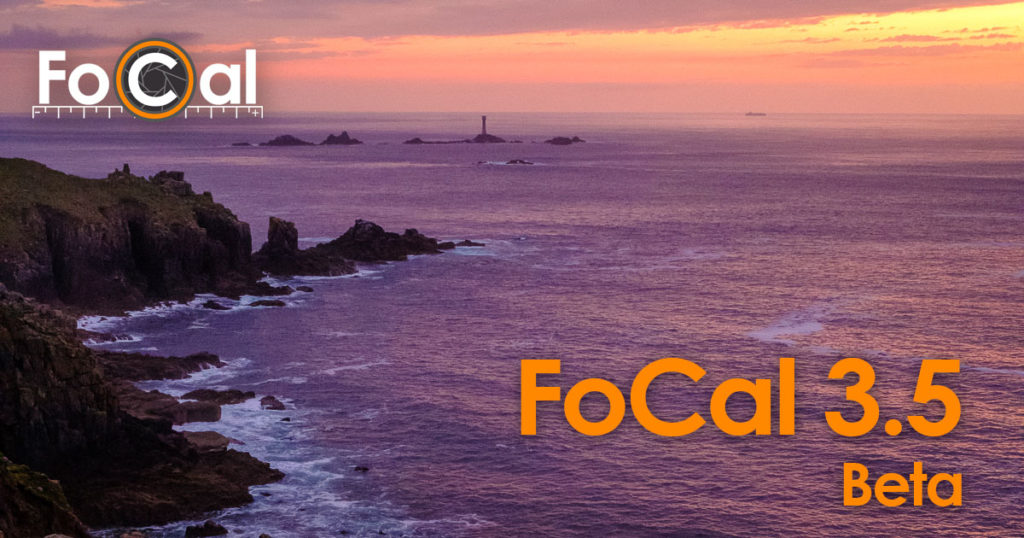 Longships Lighthouse and settings sun, along with Reikan FoCal logo and FoCal 3.5 Beta text.