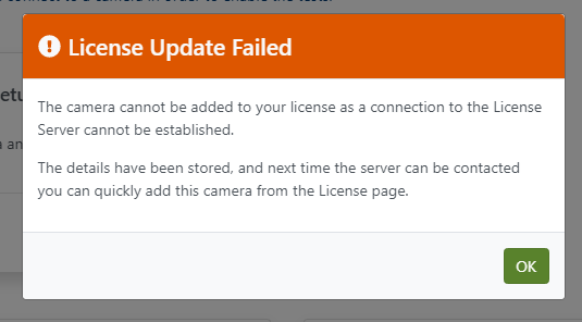 Failed to connect to license server while licensing a camera warning message