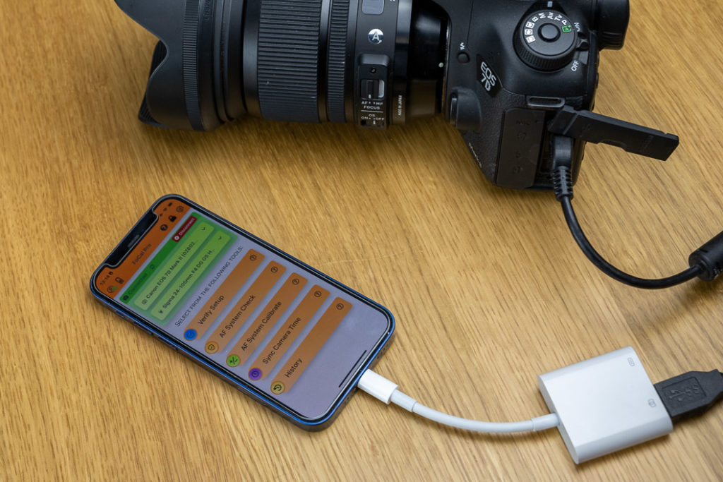 FoCal Mobile connected to a DSLR with the Apple Camera Connection Kit