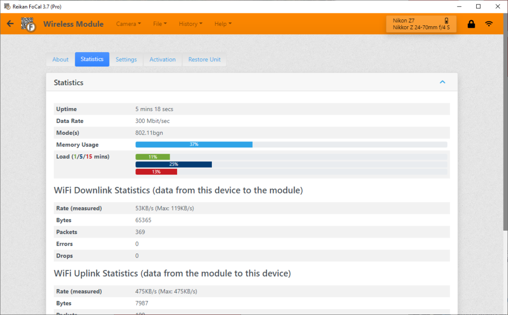 A screenshot of the FoCal Wireless Module Statistics page.