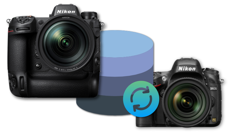 A Nikon Z9 and Nikon D600 showing the range of cameras compatible with FoCal Snapshots right now