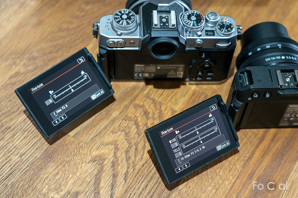 Showing the AF Fine-tune screens of the Nikon Z fc and Nikon Z 30 cameras.