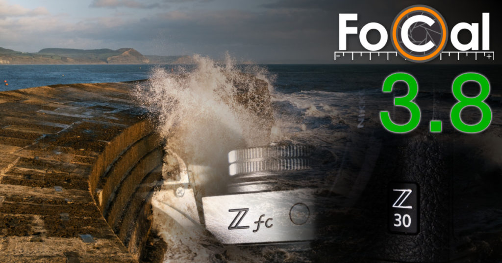 Waves splashing on the Cobb at Lyme Regist, with the FoCal logo, FoCal 3.8 and the Nikon Z fc and Z 30 cameras shown.