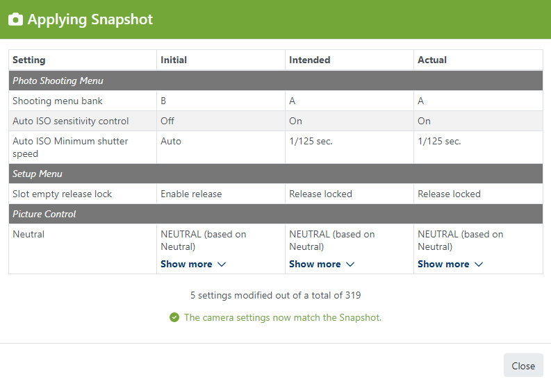Applying Snapshot results information window example from FoCal Snapshots