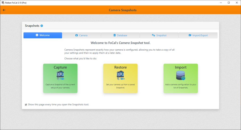 A screenshot of the new layout of the Reikan FoCal  Snapshots tool