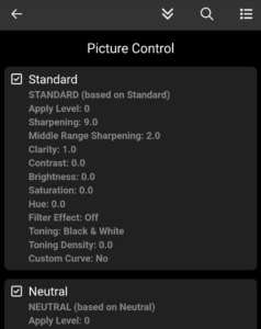 A screenshot of the Picture Control functionality in FoCal Snapshots