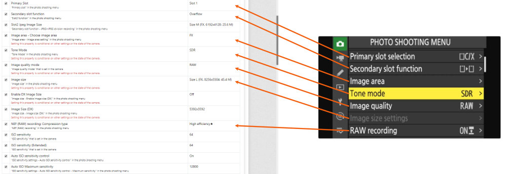 Groups and menu sort order example screenshot in FoCal Snapshots against a Z8 menu