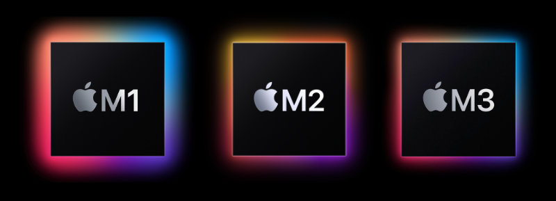 Apple M1, M2 and M3 chips shown on black background