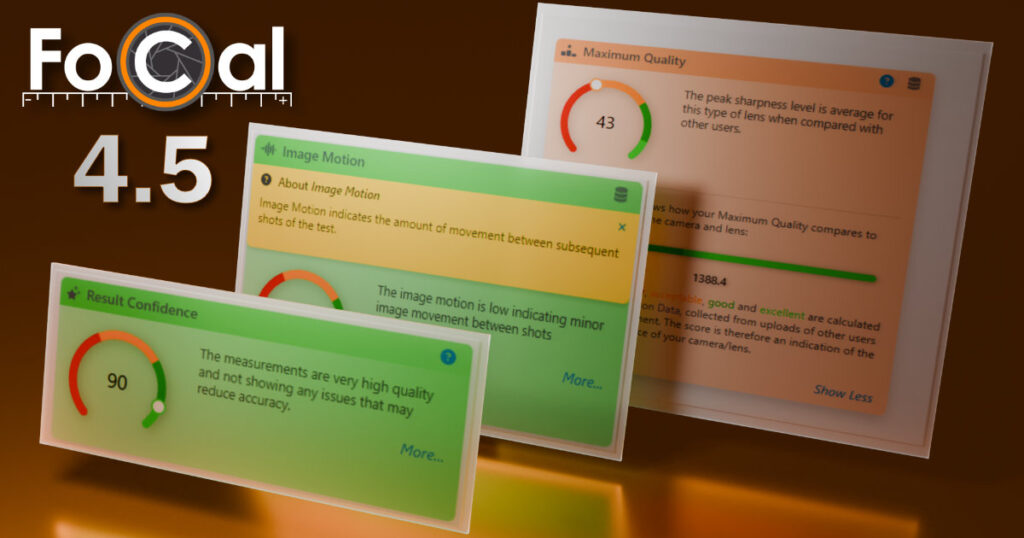 FoCal 4.5 logo along with some screenshots of the Scores function in Reikan FoCal 4.5
