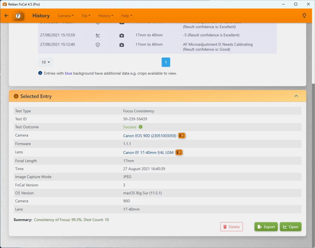 A Reikan FoCal screenshot of the History page, showing the new Delete button.