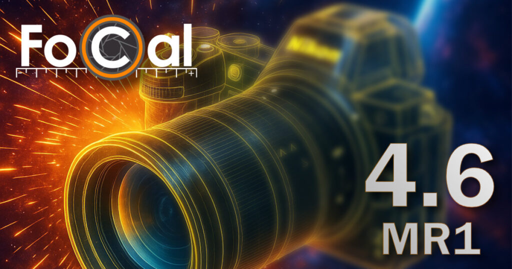 A Nikon mirrorless camera and exciting background with FoCal 4.6 MR1 overlaid